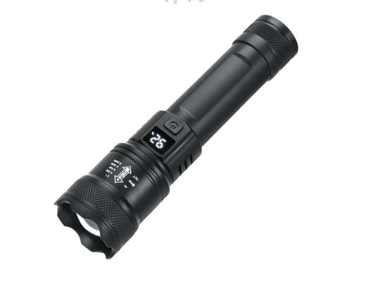 Ultra bright flashlight with telescopic zoom feature, battery, and charging cable