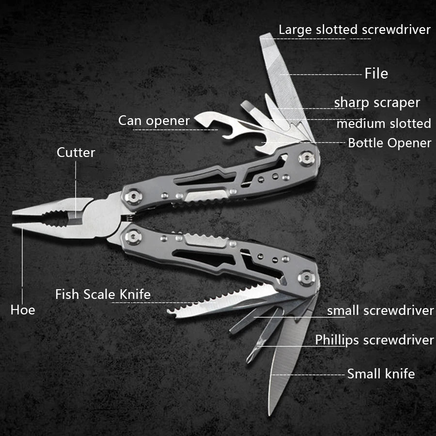 Multifunctional tool pliers with knife fish scaler screwdriver bottle can opener file etc